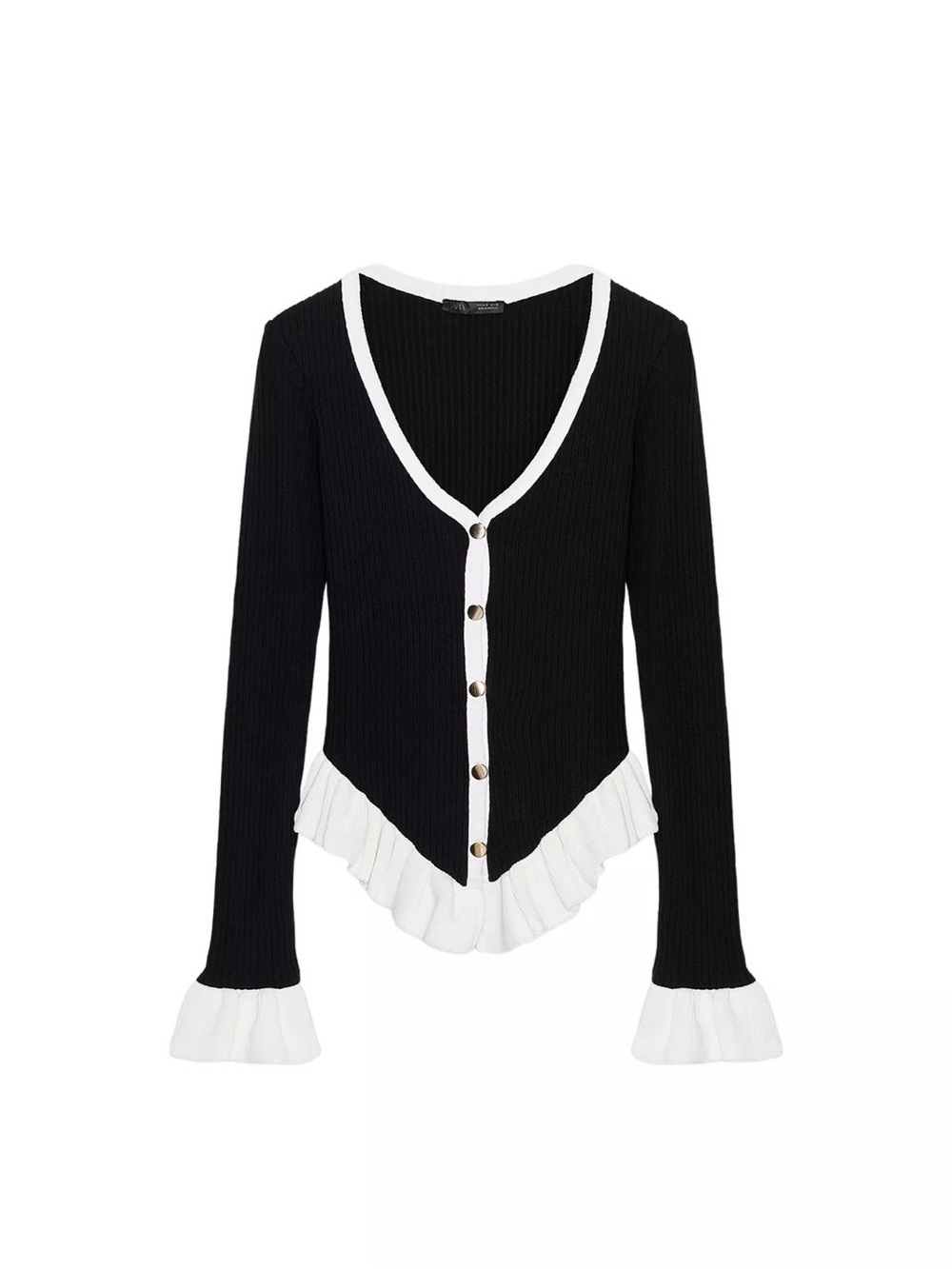 Zara Black and White Ruffle-Trim Button Cardigan